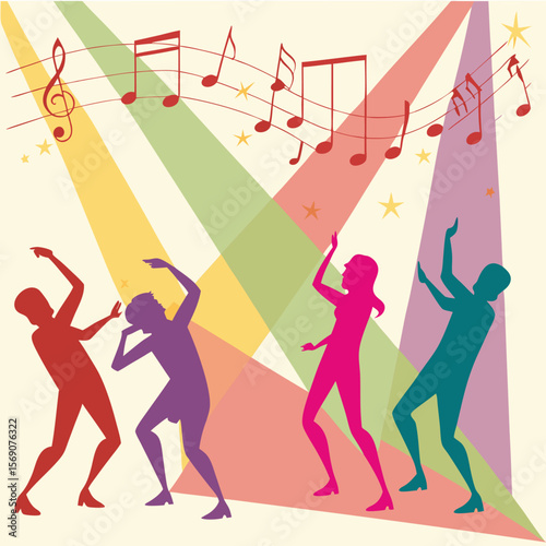 Silhouetted figures dancing under spotlights with musical notes and stars above them in vibrant colors