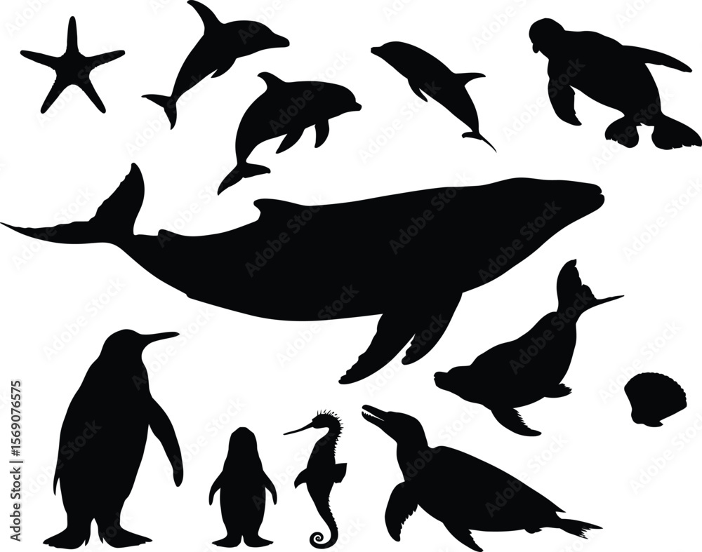 Fototapeta premium Silhouette illustration of various sea animals white background.