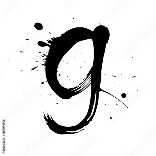 Lowercase letter g bold ink splatter art, Expressive lowercase letter "g" created with bold black ink and dynamic splatter effects on white, perfect for modern art and creative typography designs.

