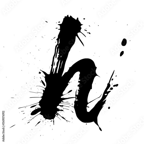 Lowercase letter h black ink splatter art, Expressive lowercase letter "h" painted in bold black ink with dramatic splatter effects on white, ideal for modern creative typography and graphic design.

