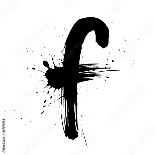 Lowercase letter f ink splatter brush art, Dynamic lowercase letter "f" painted in bold black ink with expressive splatter and brush strokes on white, ideal for creative typography and design project
