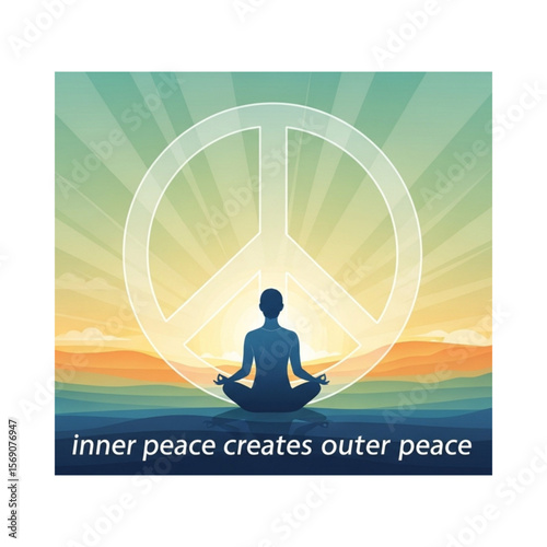 Silhouette meditating in lotus position with peace symbol and sunrise background.