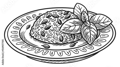 Vintage Engraving of Risotto Dish with Basil – Hand-Drawn Food Illustration
