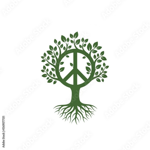 A stylized green tree with peace symbol at its heart, rooted deeply in the earth.