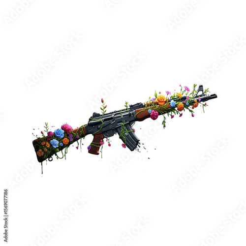 A stylized assault rifle adorned with vibrant flowers and vines, creating a striking visual contrast.