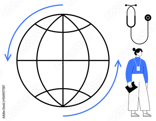 Globe outline with arrows, stethoscope, and woman in medical attire holding clipboard. Ideal for healthcare, global medicine, teamwork, innovation, education research sustainability. Simple flat