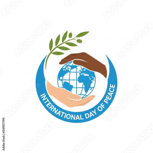 International Day of Peace logo:  Two hands cradling a globe, encircled by an olive branch and a blue crescent.