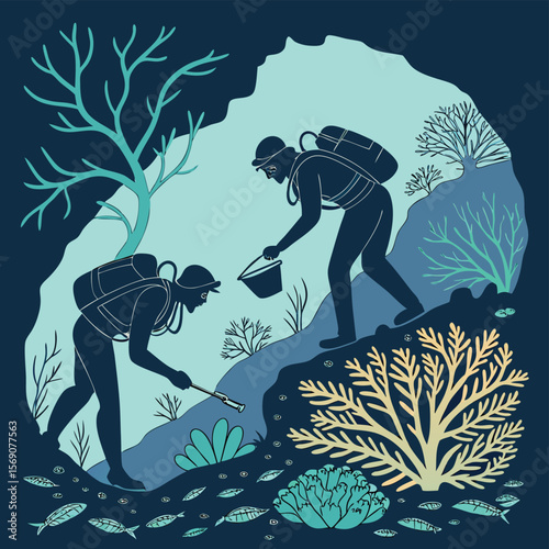 Illustration of two divers exploring underwater cave with coral and fish in a stylized design style