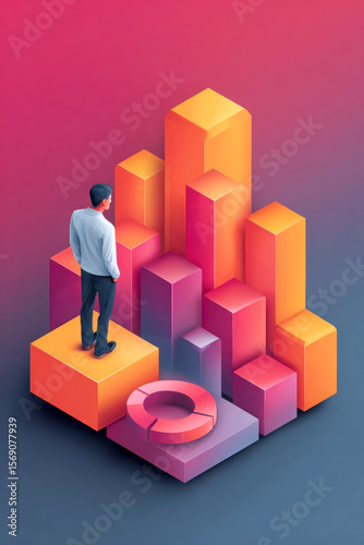 Wallpaper Mural Man standing orange block with colorful 3d bar chart and pie chart Torontodigital.ca