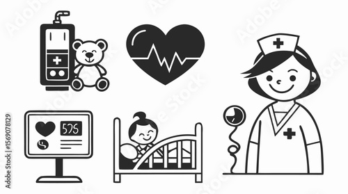 Child Healthcare Icon Set – Pediatric and Medical Flat Vector Symbols in Black Style
