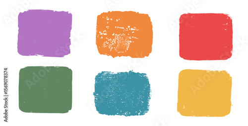 Vibrant multi colors highlights paint grunge urban square swatches set. Messy bright rectangles frames. Linocut rolled paint tag. Vector handmade brayer stamp smudged texture. Rough decorative borders