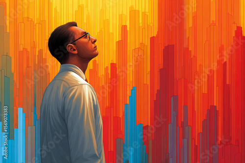 Wallpaper Mural Man glasses looking up with colorful abstract cityscape background Torontodigital.ca
