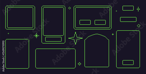Pixel art frames set. 8 bit geometric borders. Rectangle green text boxes in retro 90s isolated on dark background. Digital blanks with decoration. Vector collection illustration.