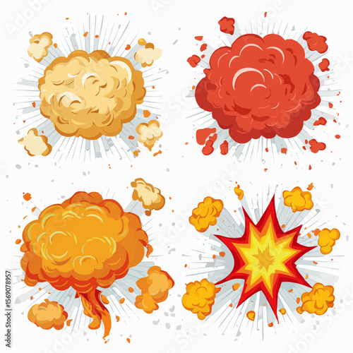 Cartoon Explosions Four Types of Fiery Orange and Red Vector Illustrations