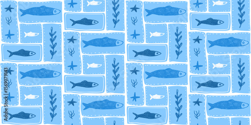 Crayon fish blue seamless pattern. Sardines hand drawn bento grid endless background. Nautical repeat cover. Sea continuous ornament. Surface pattern design seaweeds motif. Vector illustration.