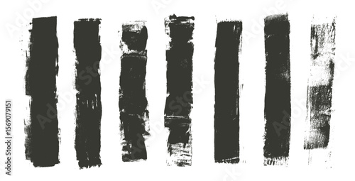 Straight thick grunge underlines. Linocut rolled brush stroke set. Handmade ink rectangle rough stamps. Vector black paint lines shapes. Dry marker or brayer smear textures. Distressed figures.