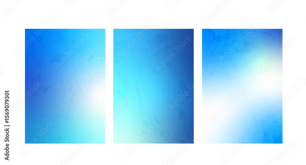 Obraz premium Set of frozen glass backgrounds. Blue gradients cover with ice noise texture. Christmas snow gradients for social media. Vertical gradation navy marine covers. Vector collection illustration.