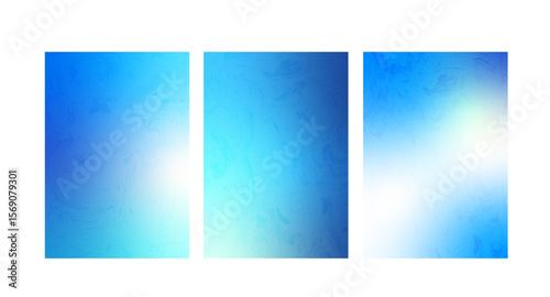 Set of frozen glass backgrounds. Blue gradients cover with ice noise texture. Christmas snow gradients for social media. Vertical gradation navy marine covers. Vector collection illustration.