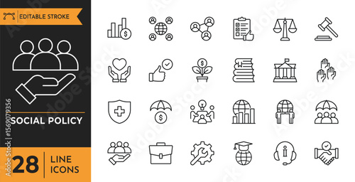 Social policy outline icon set. Containing government, poverty, health insurance, legislation, social security, analytics and more. Editable stroke. Vector illustration