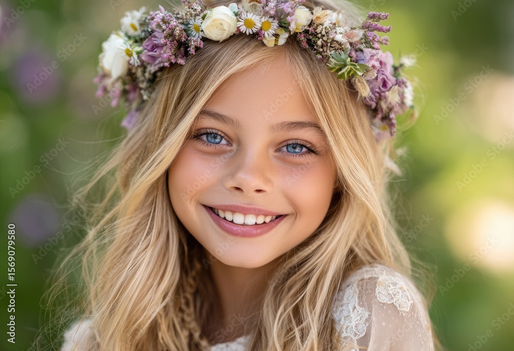 a cute, blonde-haired girl with long hair wearing a floral wreath made from white flowers, smiling and holding her hands on her head, in a spring outfit a cute, blonde-haired girl with long hair wearing a floral wreath made from white flowers, smiling and holding her hands on her head, in a spring outfit