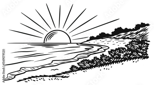 Vintage Sun or Moon Over Ocean Waves – Black and White Grunge Style Illustration