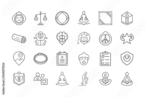Mental Health and Emotional Wellbeing Icon Set – Mindfulness Self Care Wellness Positive Mood Therapy and Mental Clarity Symbols