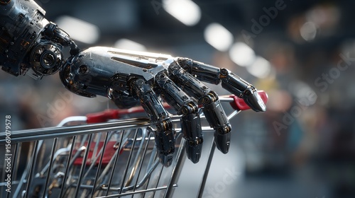 A robot hand holding a shopping cart, concept of future online shopping and AI retail

