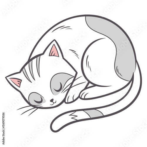 Dreamy Slumber: A captivating illustration of a serene, sleeping kitten in a curled position, showcasing a blend of charm and relaxation