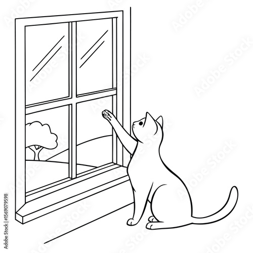 Curious Cat by Window: A cute cat looks out a window, reaching toward the view beyond. The simple line art style evokes a sense of tranquility and curiosity. 