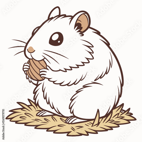 Hamster Munching on Nut: Cute white hamster illustration that is eating a nut, sitting on bed of hay.