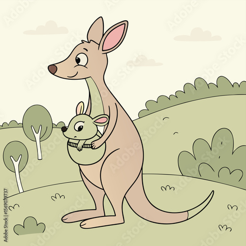 Joyful Kangaroo Family in the Meadow: A heartwarming illustration depicts a kangaroo and joey in a serene landscape, embodying the beauty of the natural world.