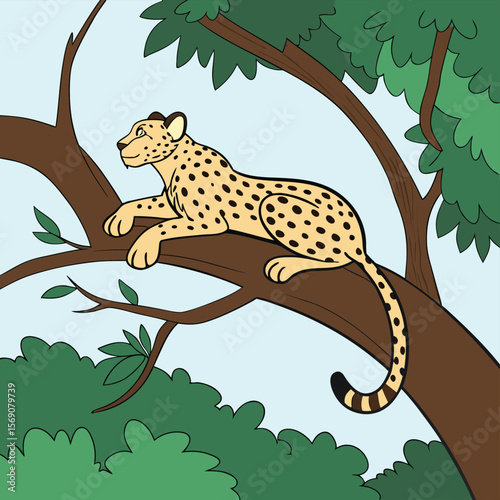 Cheetah in Tree: A stylized cheetah with distinctive spotted coat perches regally on a sturdy tree branch, the vibrant jungle colors and playful form evoke a sense of wonder.