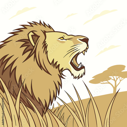 Roaring Lion Silhouette: A bold illustration of a roaring lion with a lush mane. The majestic predator, captured in a moment of powerful vocalization, sets the scene amidst tall grass and a tree. 