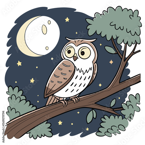 Wise Owl's Night Watch: A charming illustration of an owl perched on a tree branch under the starlit, moonlit night sky, exuding wisdom and a serene nocturnal presence.