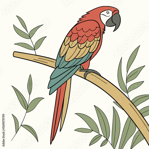 Vibrant Parrot Perched: A digitally created illustration of a stunning parrot, showcasing its vivid plumage while it perches elegantly on a branch.