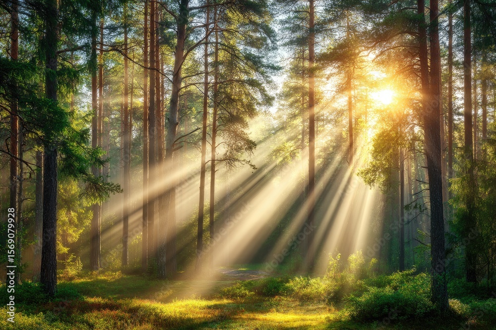 Naklejka premium Sunlight Streams Through Emerald Forest Canopy Beautifully