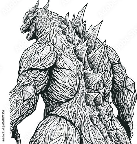 Detailed ink drawing of Godzilla's powerful, textured back, showcasing intricate muscle definition and spiky dorsal fins.