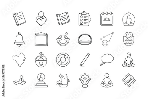 Mental Health and Emotional Wellbeing Icon Set – Self Care Mindfulness Positive Thinking Therapy Support Mood Tracking and Wellness Symbols