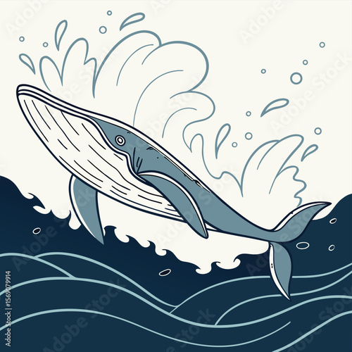 Oceanic Giant's Leap: A captivating illustration of a magnificent whale breaching the ocean's surface, its massive form silhouetted against the dynamic splash and waves.