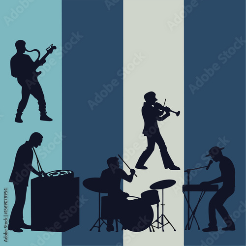 Silhouette illustration of a musical band performing on a vertically striped background pattern design