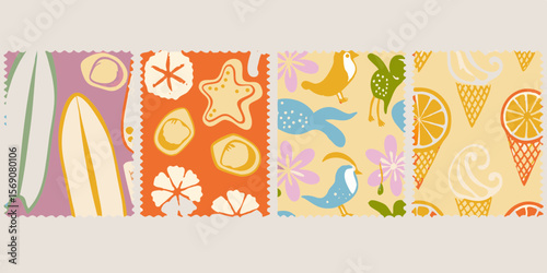Four colorful fabric swatches with summer beach and tropical motifs