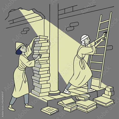 People in robes organizing books in a dimly lit room with ladder and column under a spotlight beam