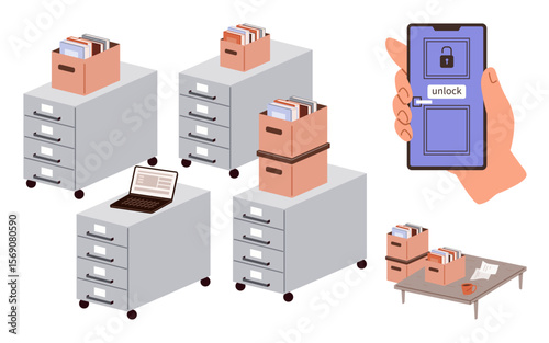 Filing cabinets with documents, a laptop, and a hand holding a phone displaying unlock feature. Ideal for organization, cybersecurity, record keeping, technology, productivity, office setup simple