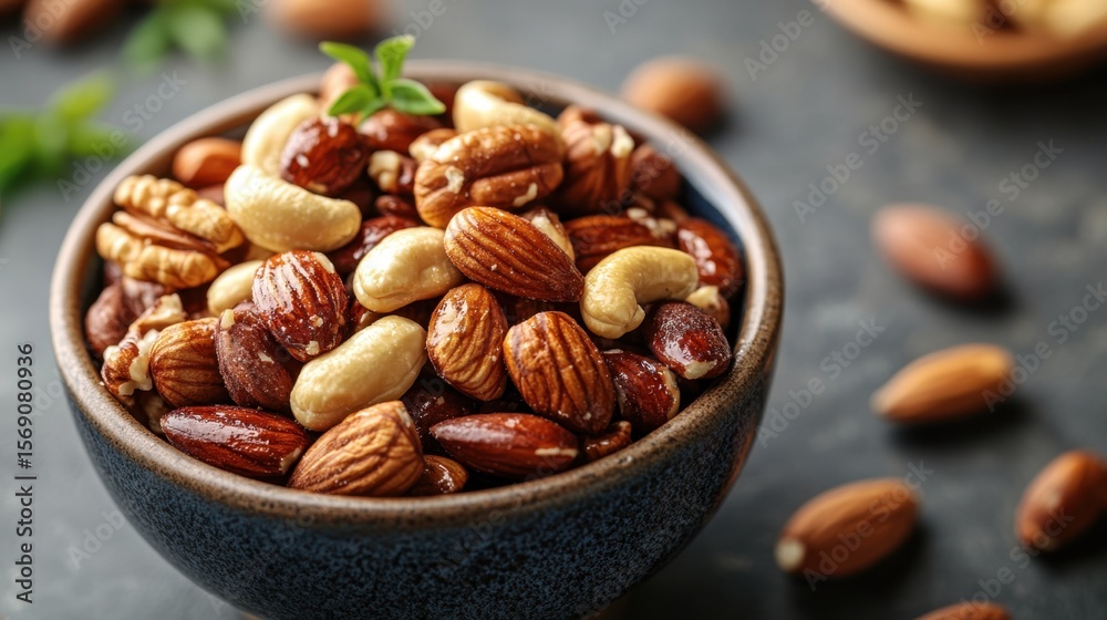 Mixed nuts in rustic bowl with fresh herbs for healthy snack and culinary inspiration Mixed nuts in rustic bowl with fresh herbs for healthy snack and culinary inspiration