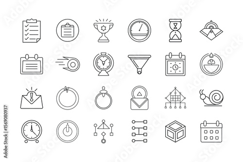 Time Management and Productivity Icon Set – Task Lists Scheduling Goal Tracking Time Efficiency Workflow Optimization and Calendar Tools Symbols