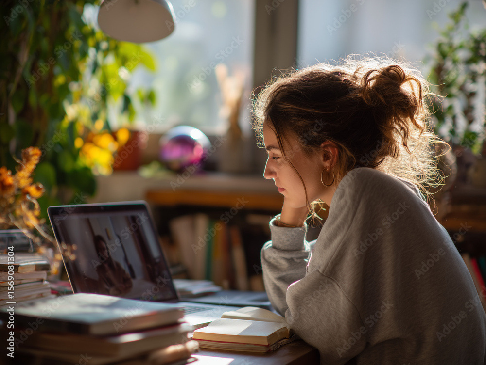 Fototapeta premium Young woman studying or working online at home with laptop — student, tutor, mentor or coach in remote setting