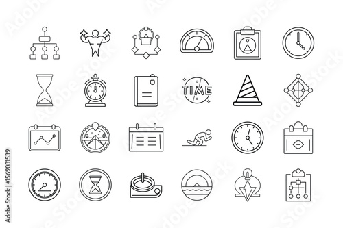 Time Management and Productivity Icon Set – Task Scheduling Goal Tracking Efficiency Tools Performance Planning and Daily Routine Symbols