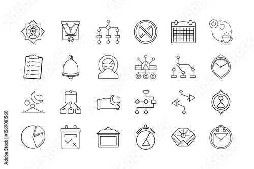 Time Management and Productivity Icon Set – Task Planning Workflow Organization Scheduling Tools Focus Improvement and Efficiency Symbols