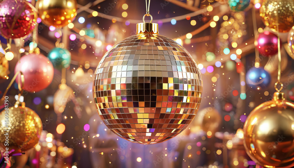 Obraz premium Golden disco ball close up at party, festive background, space for text 