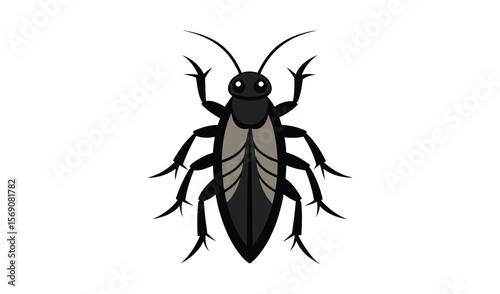 Cartoon illustration of a black cockroach with six legs and antennae isolated on white